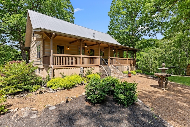 1708 Sugar Ridge Rd, Spring Hill, TN 37174 - view of front of house featuring a ceiling fan, a porch, metal roof, and stairway