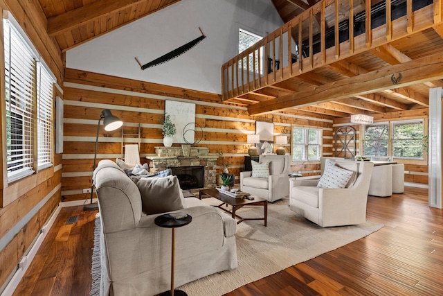 1708 Sugar Ridge Rd, Spring Hill, TN 37174 - living area featuring wood-type flooring, wooden walls, wood ceiling, and a fireplace