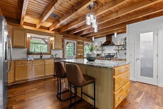 1708 Sugar Ridge Rd, Spring Hill, TN 37174 - kitchen with wall chimney exhaust hood, stainless steel appliances, wood ceiling with exposed beams, dark wood-style flooring, and a center island
