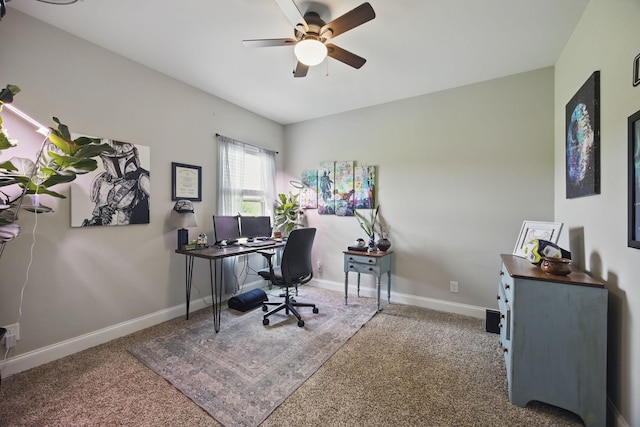 home office with baseboards, carpet flooring, and ceiling fan