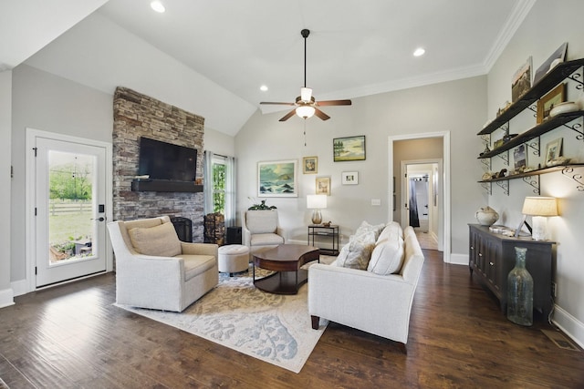 living room featuring recessed lighting, baseboards, a ceiling fan, and wood finished floors