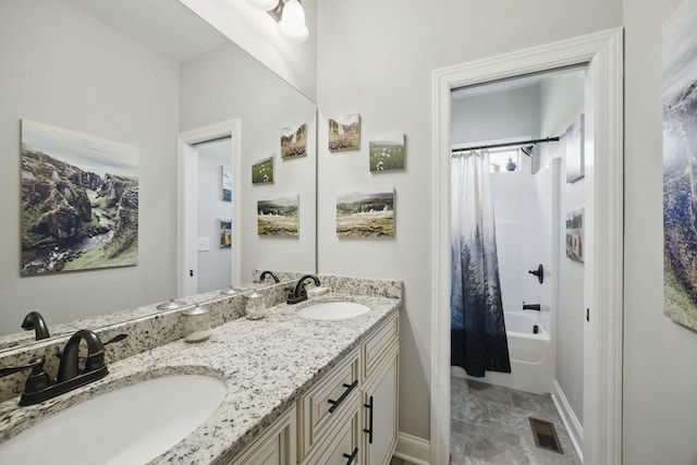 full bathroom with shower / tub combo, visible vents, a sink, and double vanity