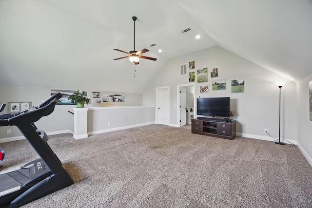 workout area with lofted ceiling, baseboards, visible vents, and a ceiling fan