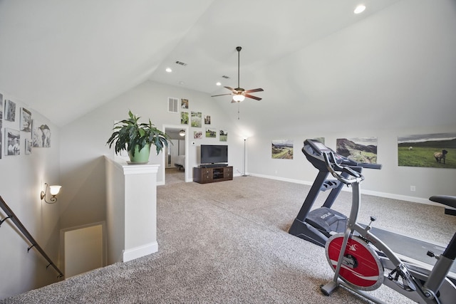 exercise area featuring lofted ceiling, carpet, visible vents, recessed lighting, and ceiling fan