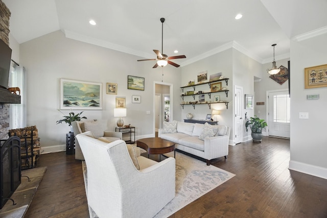 living room with baseboards, ornamental molding, dark wood finished floors, ceiling fan, and high vaulted ceiling