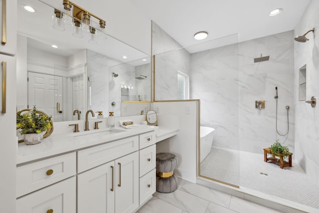1207 Mullberry Ct, Murfreesboro, TN 37130 - bathroom with recessed lighting, marble finish floor, a walk in shower, vanity, and a freestanding tub