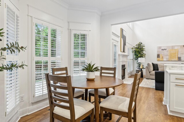 1207 Mullberry Ct, Murfreesboro, TN 37130 - dining area featuring crown molding, light wood-style floors, a fireplace, and a healthy amount of sunlight