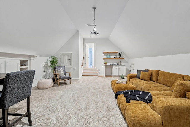 1207 Mullberry Ct, Murfreesboro, TN 37130 - carpeted living room featuring visible vents, baseboards, and lofted ceiling