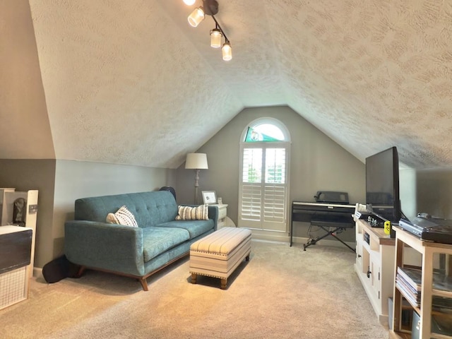 interior space with vaulted ceiling, a textured ceiling, and carpet flooring