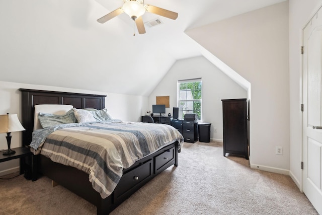 bedroom featuring a ceiling fan, baseboards, visible vents, vaulted ceiling, and light carpet