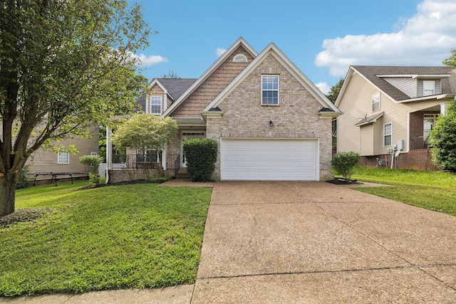 craftsman-style house with concrete driveway, a garage, brick siding, and a front yard