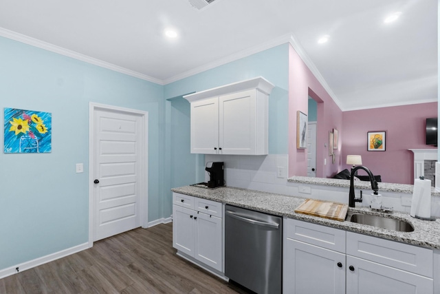 kitchen featuring a sink, dishwasher, crown molding, white cabinetry, and dark wood-style floors