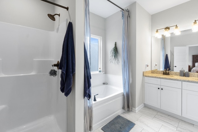 bathroom with a garden tub, a shower with shower curtain, marble finish floor, and vanity