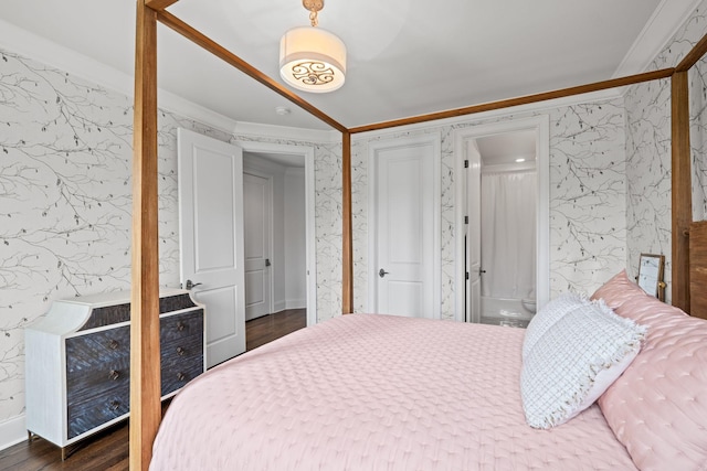 bedroom with wallpapered walls, dark wood-type flooring, and crown molding
