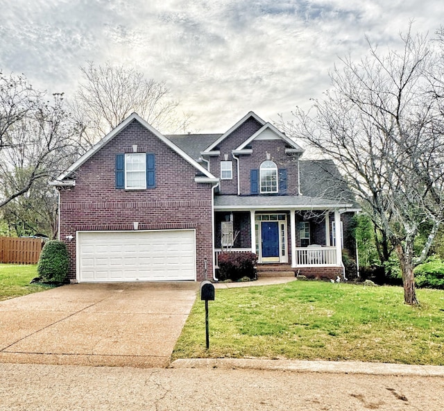 view of front of house featuring driveway, brick siding, an attached garage, a porch, and a front lawn