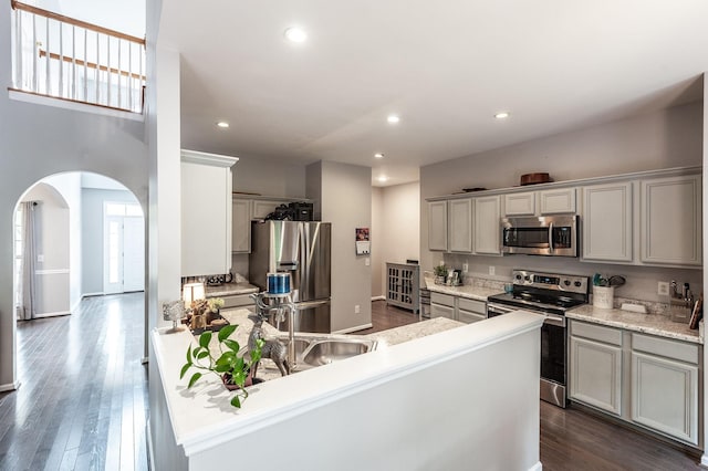 1040 Mansker Farm Blvd, Hendersonville, TN 37075 - kitchen with stainless steel appliances, arched walkways, a sink, dark wood-style floors, and recessed lighting