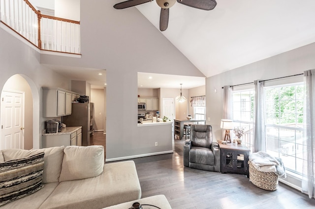 1040 Mansker Farm Blvd, Hendersonville, TN 37075 - living room featuring high vaulted ceiling, a ceiling fan, dark wood-style floors, and arched walkways