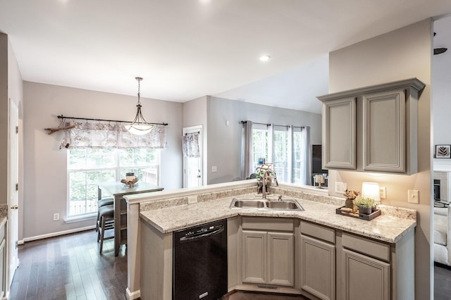 1040 Mansker Farm Blvd, Hendersonville, TN 37075 - kitchen with black dishwasher, a sink, dark wood finished floors, a peninsula, and gray cabinets