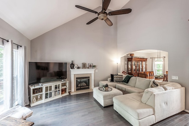 1040 Mansker Farm Blvd, Hendersonville, TN 37075 - living area with arched walkways, high vaulted ceiling, a ceiling fan, wood finished floors, and a glass covered fireplace