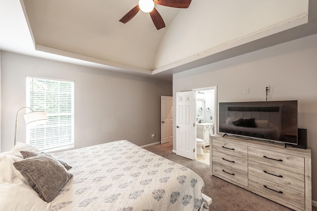 1040 Mansker Farm Blvd, Hendersonville, TN 37075 - carpeted bedroom with high vaulted ceiling, ensuite bath, ceiling fan, and baseboards