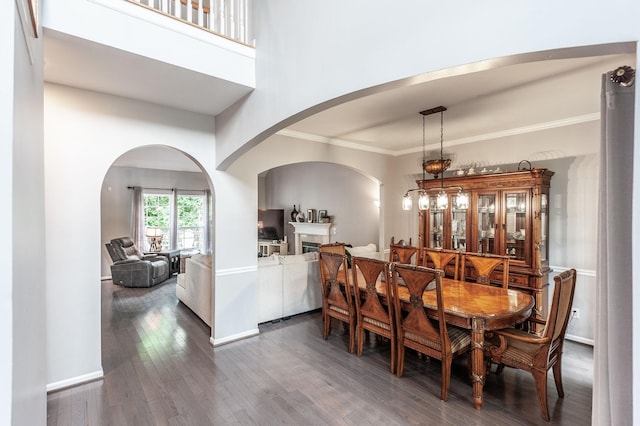 1040 Mansker Farm Blvd, Hendersonville, TN 37075 - dining room with arched walkways, dark wood-style flooring, crown molding, baseboards, and a fireplace