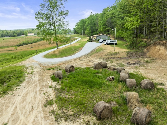 view of community with a rural view and driveway