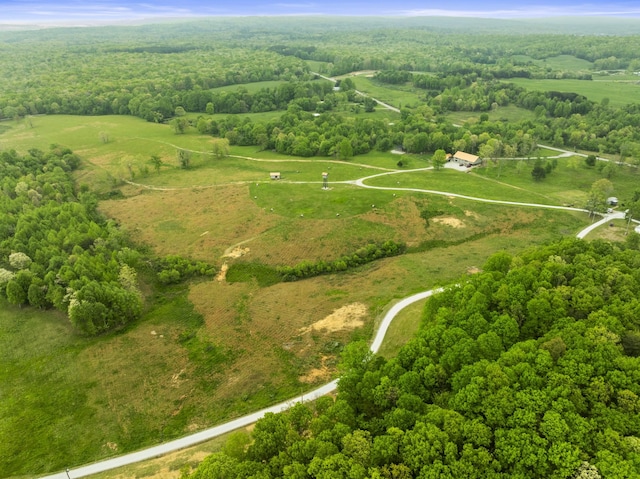 bird's eye view featuring a wooded view