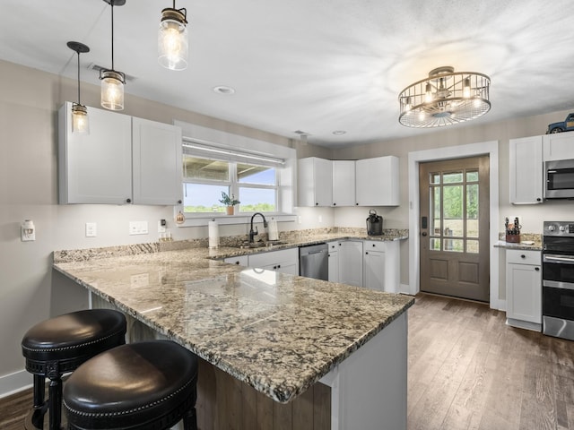 kitchen featuring a wealth of natural light, stainless steel appliances, a peninsula, and a sink