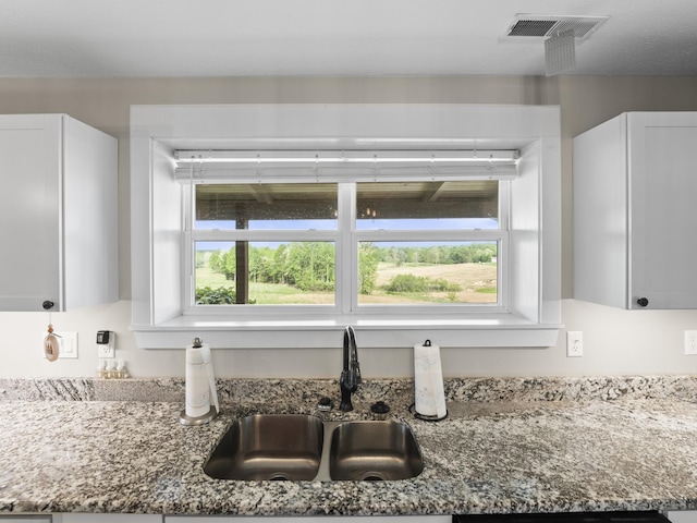 details featuring stone countertops, white cabinetry, visible vents, and a sink