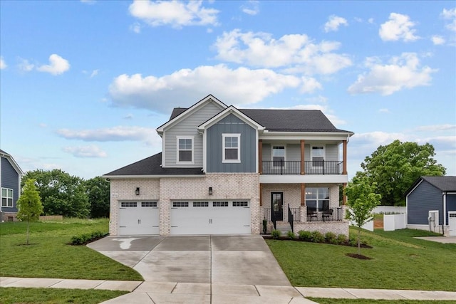craftsman house with concrete driveway, board and batten siding, brick siding, and a balcony