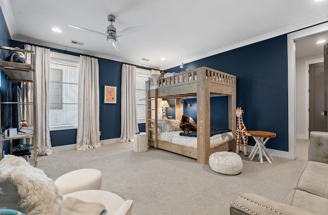 bedroom featuring baseboards, crown molding, and carpet floors