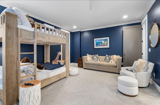 bedroom with ornamental molding, carpet floors, and recessed lighting