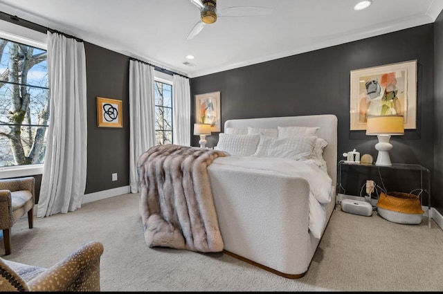 bedroom with carpet floors, baseboards, visible vents, and recessed lighting