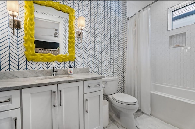 full bath featuring wallpapered walls, toilet, marble finish floor, and vanity