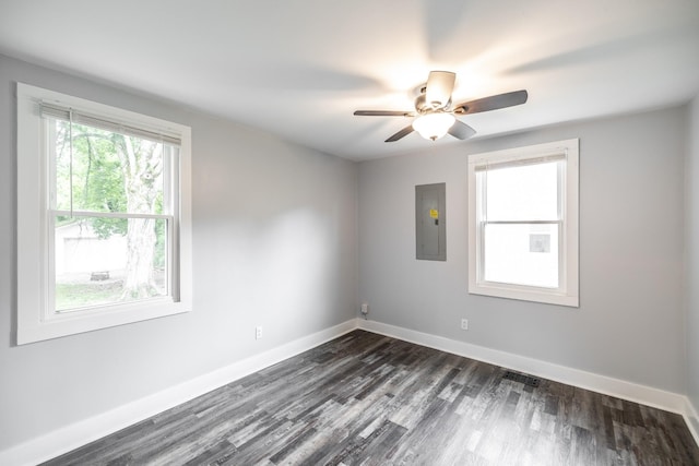 709 Ann Ave, Gallatin, TN 37066 - empty room with electric panel, dark wood-type flooring, visible vents, ceiling fan, and baseboards