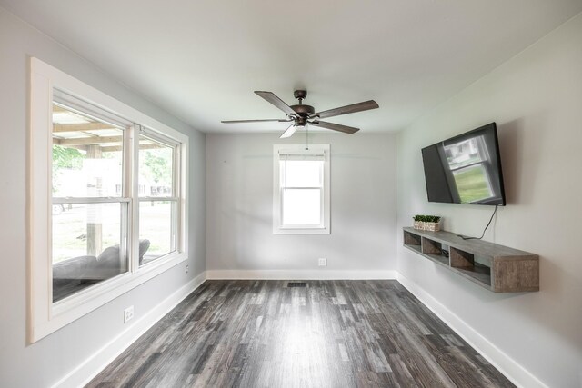 709 Ann Ave, Gallatin, TN 37066 - unfurnished living room with baseboards, dark wood-type flooring, a ceiling fan, and visible vents