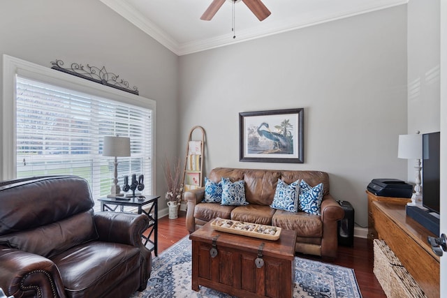living area featuring ceiling fan, crown molding, baseboards, and wood finished floors