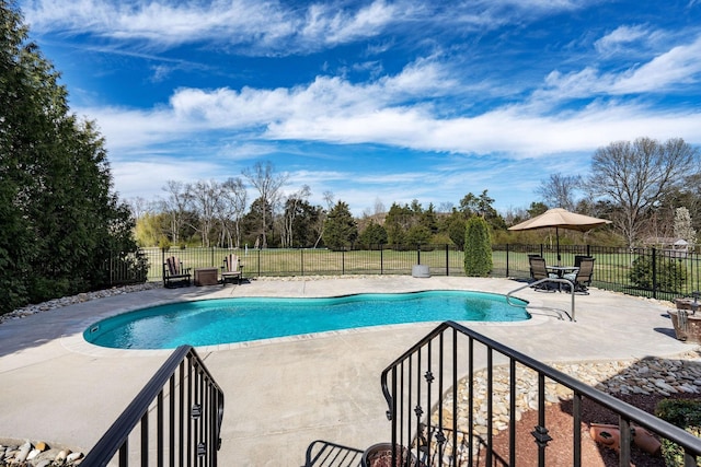 view of pool featuring a patio, a fenced in pool, and fence