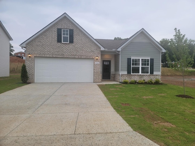 single story home with concrete driveway, an attached garage, a front lawn, and brick siding