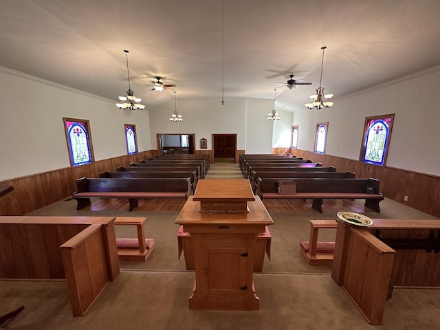miscellaneous room featuring a healthy amount of sunlight, carpet flooring, wooden walls, and a wainscoted wall