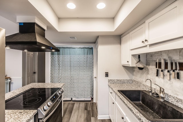 kitchen featuring stainless steel electric stove, a sink, ventilation hood, white cabinets, and wood finished floors