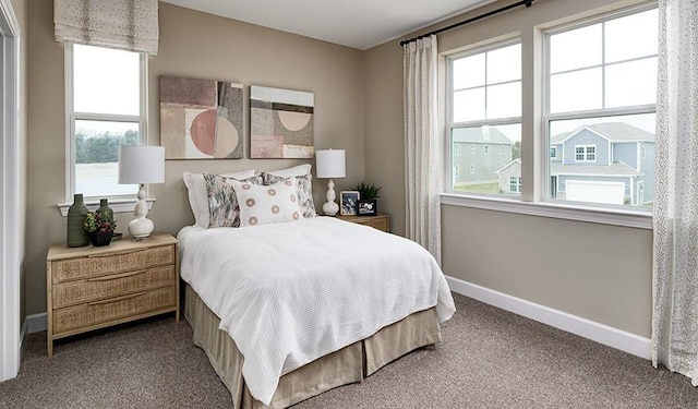bedroom with carpet floors, baseboards, and multiple windows