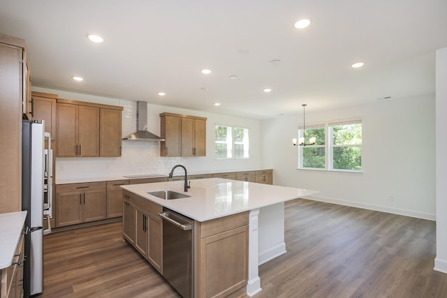 138 W Cassa Way, Mount Juliet, TN 37122 - kitchen featuring wall chimney exhaust hood, a sink, dishwasher, a center island with sink, and dark wood-type flooring
