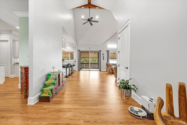1520 Raulston Falls Rd, Jasper, TN 37347 - entrance foyer featuring high vaulted ceiling, baseboards, a ceiling fan, and light wood-style floors