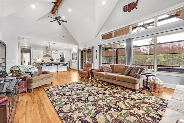 1520 Raulston Falls Rd, Jasper, TN 37347 - living area with light wood finished floors, ceiling fan, and high vaulted ceiling