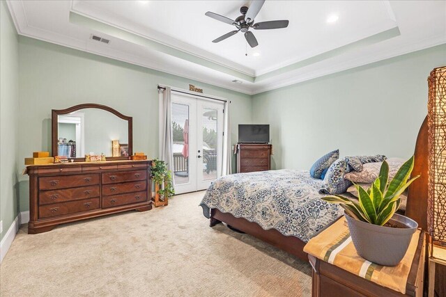 1520 Raulston Falls Rd, Jasper, TN 37347 - carpeted bedroom featuring access to outside, french doors, a raised ceiling, and ornamental molding
