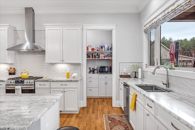 1520 Raulston Falls Rd, Jasper, TN 37347 - kitchen featuring a sink, wall chimney exhaust hood, stainless steel appliances, crown molding, and light wood-type flooring