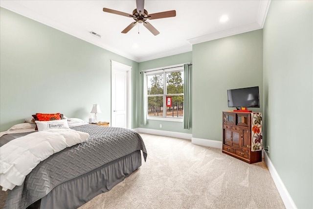 1520 Raulston Falls Rd, Jasper, TN 37347 - carpeted bedroom with visible vents, recessed lighting, crown molding, ceiling fan, and baseboards
