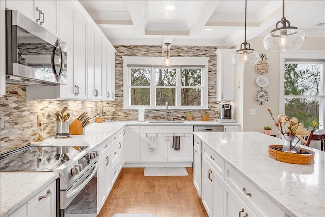 234 Lookout View Dr, Jasper, TN 37347 - kitchen featuring light wood finished floors, a sink, white cabinetry, beamed ceiling, and appliances with stainless steel finishes