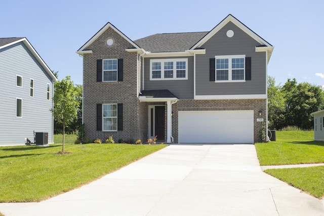 135 W Cassa Way, Mount Juliet, TN 37122 - view of front of house featuring brick siding, concrete driveway, central air condition unit, a garage, and a front lawn